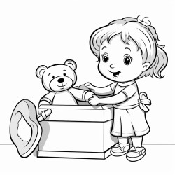 a toy box with a teddy bear peeking out and the kid is putting the toy back in that box