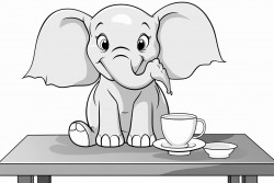 image of a elephant sitting at a table drinking a cup of coffee with a donkey