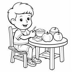 a 35 year old is sitting on chair and eating apple and there is a bucket kept on the table consisting of fruits