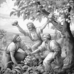 a diverse group of happy fairies pick magical fruits in an orchard on a sunny day with pleasant breeze