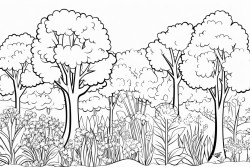 a blooming forest with diverse trees plants and flowers