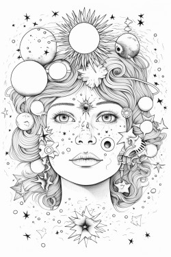 a face that has planets coming out of the top of the head