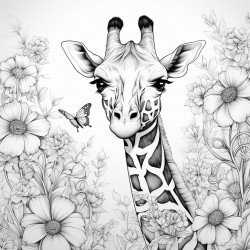 a giraffe in the forest with flowers