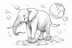 an elephant floating in space with planets in the background