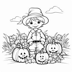 children coloring page autumn themed with scarecrow pumpkins and apples