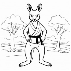 a kangaroo wearing a black belt in the forest