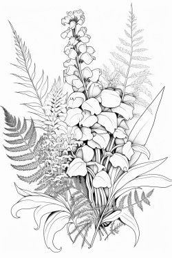 a delicate arrangement of bluebells and ferns on white background