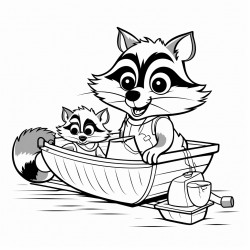 papa racoon helping baby racoon with his boat toy storybook style