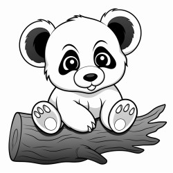 a baby panda on a small log black and white sketch bold outline