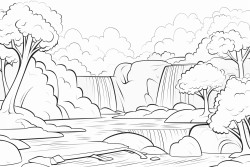 a clear outline of a waterfall with a few simple trees and rocks drawn with bold lines for easy coloring by young children