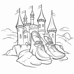 a pair of glass slippers sitting on steps up to a castle