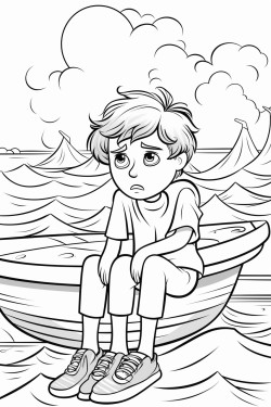 worried boy working in a boat with a big storm