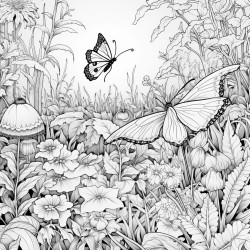 a detailed garden scene with various flowers vines and hidden creatures like butterflies and bees
