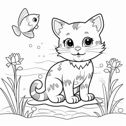 gato saltando desde un tejado con el jardin lleno de peces