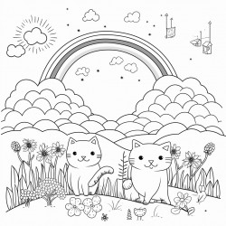 paisaje primveral con gatos y arcoiris