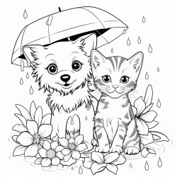 puppy and kitten playing in rain surrounded by plants and flowers and rain