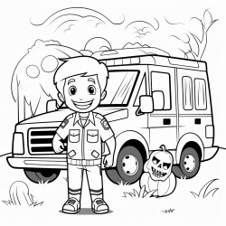 a friendly looking emt with his ambulance and a spooky halloween background