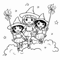 3friendly witches flying on broomsticks