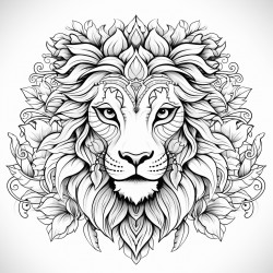 lion face highly detailed black outline mandalas theme floral elements epic illustration masterpiece detailed drawing