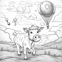 a cow in a field it is her birthday and she has an orange cupcake there is a tornado in the background throwing a hay bale a ufo is picking up a cow with a yellow balloon