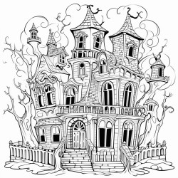 a fun nottooscary haunted house with friendly ghosts waving from the windows