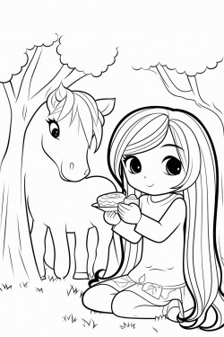 baby chibi unicorn eating apples with 4 year old girl with long hair and a summer dress in the park with trees