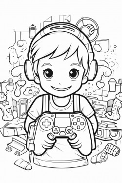 bw outline art for kids coloring book outline in bold black lines white background with gamer theme
