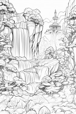 a cascading waterfall that glows with mystical light surrounded by fairies playing in water