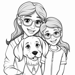 girl with pigtail braids and eyeglasses with her mom dad and beagle dog