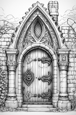 gothic style door with intricate patterns in the wood wrought iron bars and an eclectic door knocker coloring page