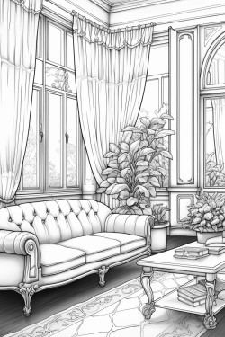 art deco living room tall windows floral curtains