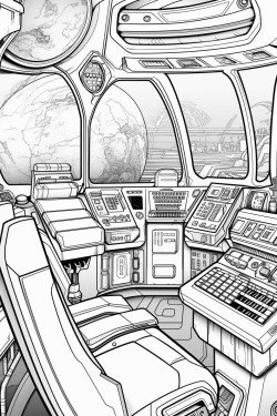 futuristic cabin of a spaceship in space with screens with a helm space
