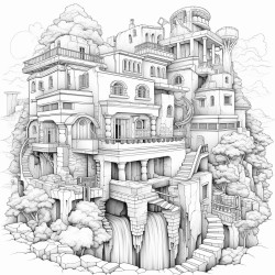 un paisaje con casas y montaas en 3d