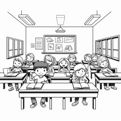 a classroom with children sitting at their desk facing the teachers desk