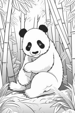 a giant panda sitting on the ground munching on bamboo stalks in a forest with bamboo trees in the background bold outline coloring book for kids coloring page