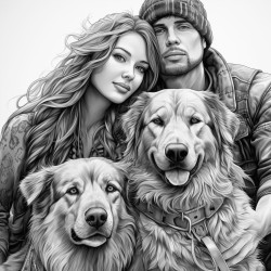 a long haired woman man two big dogs and cat