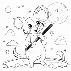 a mouse playing a flute under the moon