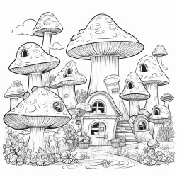 magical forest with mushroom houses etc