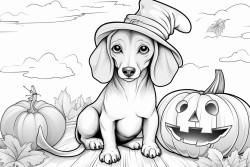 mini dachshund dressed as a witch carving a pumpkin