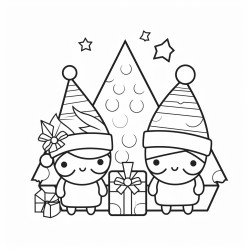 very minimalistic simple childrens coloring page with continuous thick lines and with no greyscale no background and no shading of 2 kawaii style gnomes wrapping christmas gifts near a christmas tree