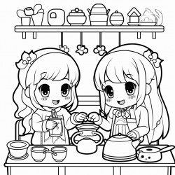 a kawaii coloring page of 2 best friends cooking lunch together in their cozy coquette decorated home