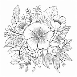 a bloom of intricate botanical flowers with complex designs and patterns in a white outline style