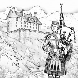 scotland include edinburgh castle a bagpiper a scotch whisky bottle a highland cow and the flag of scotland