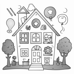 create a coloring page for kids that house student houses that are labeled by color  red blue green yellow and orange