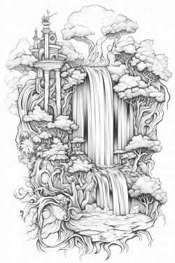 a cascading waterfall that glows with mystical light surrounded by fairies playing in water