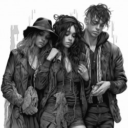 transparent figures tattered clothing mournful expressions