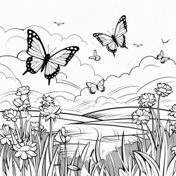 butterflies flying through a flower field with a sunset