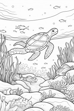 a vibrant underwater scene with various sea creatures like fish turtles a whale and coral reefs