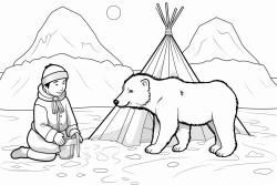 inuit boy kneels by pile of amber and sun in sky with northern lights polar bears too tipi in background