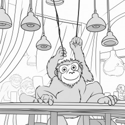 baboons swinging from the lights grabbing food from the tables customers look scared and surprised